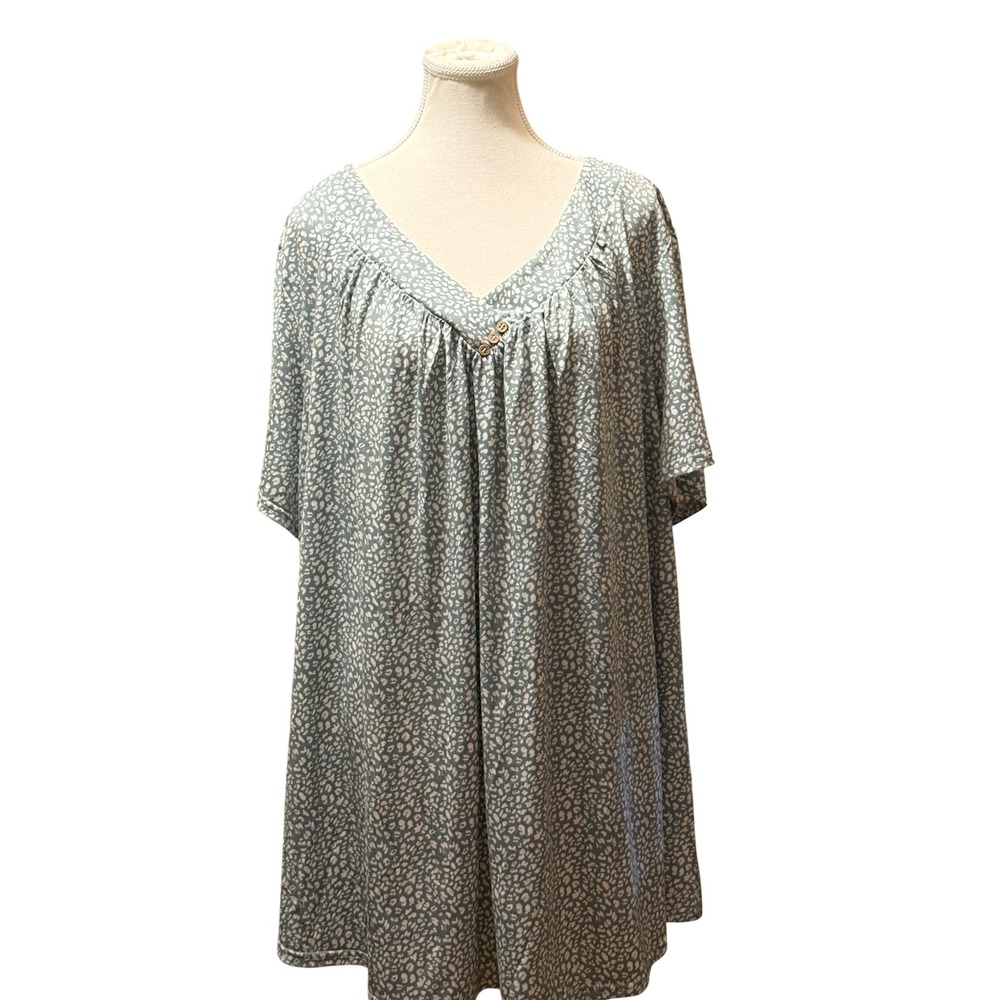 Sage Green Leopard Print V-Neck Tunic Top Plus Size 4XL Short Sleeve